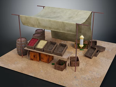 Outdoor Market Stall With Canopy Roof Wooden Barrels Crates Colored Goods And Lamp Post 3d model
