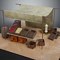 Outdoor Market Stall With Canopy Roof Wooden Barrels Crates Colored Goods And Lamp Post