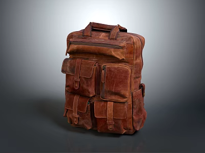 Vintage Brown Leather Travel Bag With Multiple Pockets And Functional Straps 3d model