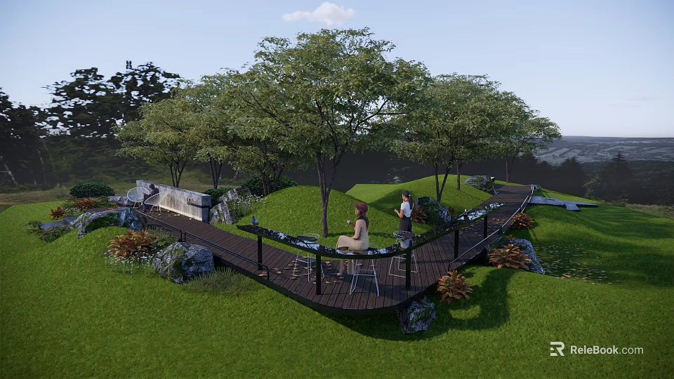 Serene Garden Landscape With Wooden Walkway Green Lawn Trees And Stones 3d model 