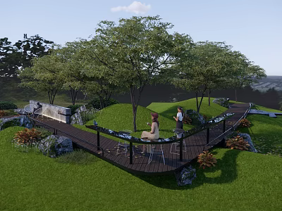 Serene Garden Landscape With Wooden Walkway Green Lawn Trees And Stones 3d model