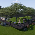 Serene Garden Landscape With Wooden Walkway Green Lawn Trees And Stones