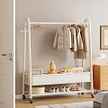 White Clothes Rack with Hanging Clothes Shoes and Decorative Items in Bedroom