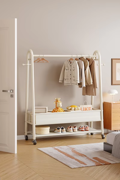 White Clothes Rack with Hanging Clothes Shoes and Decorative Items in Bedroom 3d model