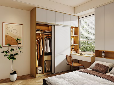 Modern Tatami Bedroom Interior Design With Built In Wardrobe Writing Desk And Potted Plant 3d model