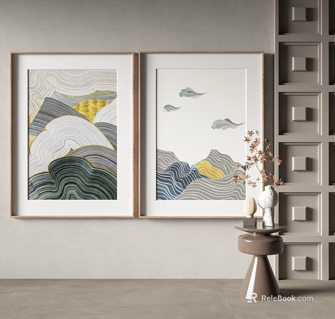 Two Abstract Landscape Decorative Paintings With Wave Patterns And Side Table Vase On Light Wall 3d model