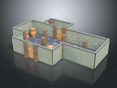 Cartoon Scene Of Underground Warehouse With Wooden Barrels Crates Light Colored Walls And Blue Floor 3d model