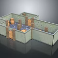 Cartoon Scene Of Underground Warehouse With Wooden Barrels Crates Light Colored Walls And Blue Floor