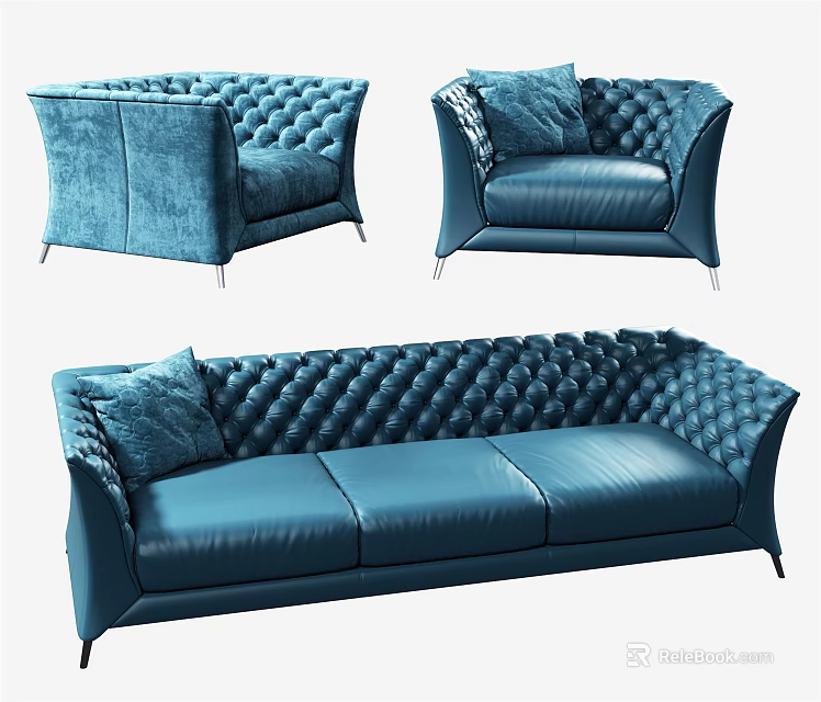 Blue Leather Sofa Combination With Tufted Details And Accent Pillows Set 3d model