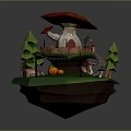 Mushroom Shaped Scene Structure Featuring Red Cap Green Trees Pumpkins Small Mushrooms And Slide