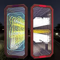 Large Mirrors with Colorful Frames and Neon Light Lines in Night with Trees and Lights