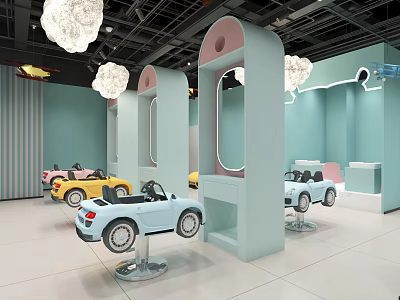 Kindergarten Interior Featuring Light Green Walls Pink Arched Decorations White Chandeliers and Children's Toy Cars 3d model