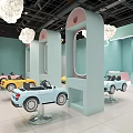Kindergarten Interior Featuring Light Green Walls Pink Arched Decorations White Chandeliers and Children's Toy Cars