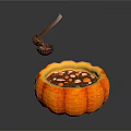 Warm Pumpkin Soup In Pumpkin Shaped Bowl With Seeds And Floating Wooden Spoon