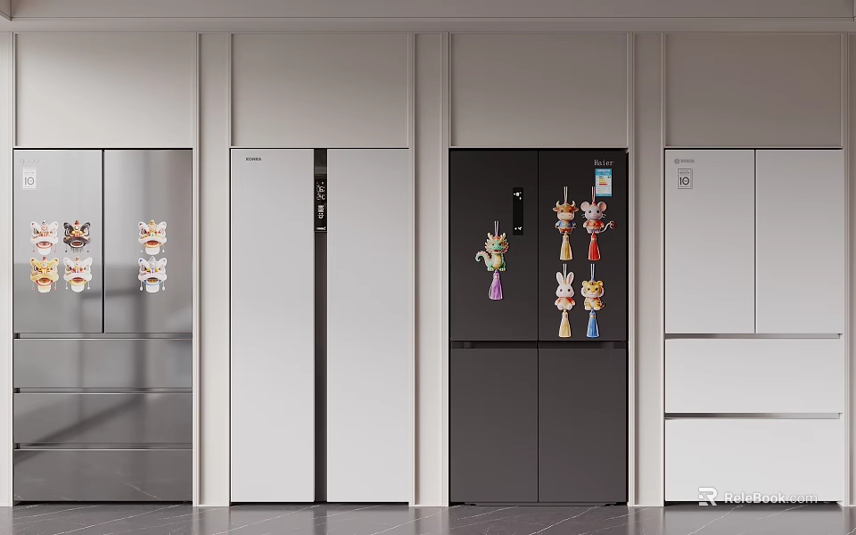 Modern Refrigerators And Freezers With Various Colors And Decorative Door Designs 3d model 