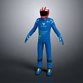 Racing Driver Wearing Blue Suit Red White Helmet Yellow Shoes And Blue Gloves Standing