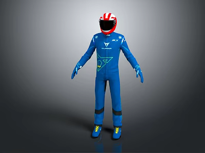Racing Driver Wearing Blue Suit Red White Helmet Yellow Shoes And Blue Gloves Standing 3d model