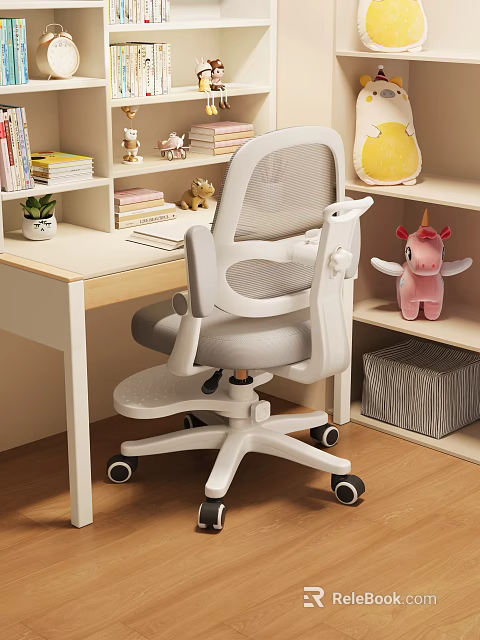Adjustable White Kids Chair with Mesh Back in Children Study Space with Desk and Toys 3d model 