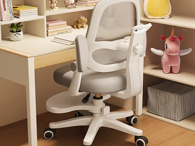 Adjustable White Kids Chair with Mesh Back in Children Study Space with Desk and Toys 3d model