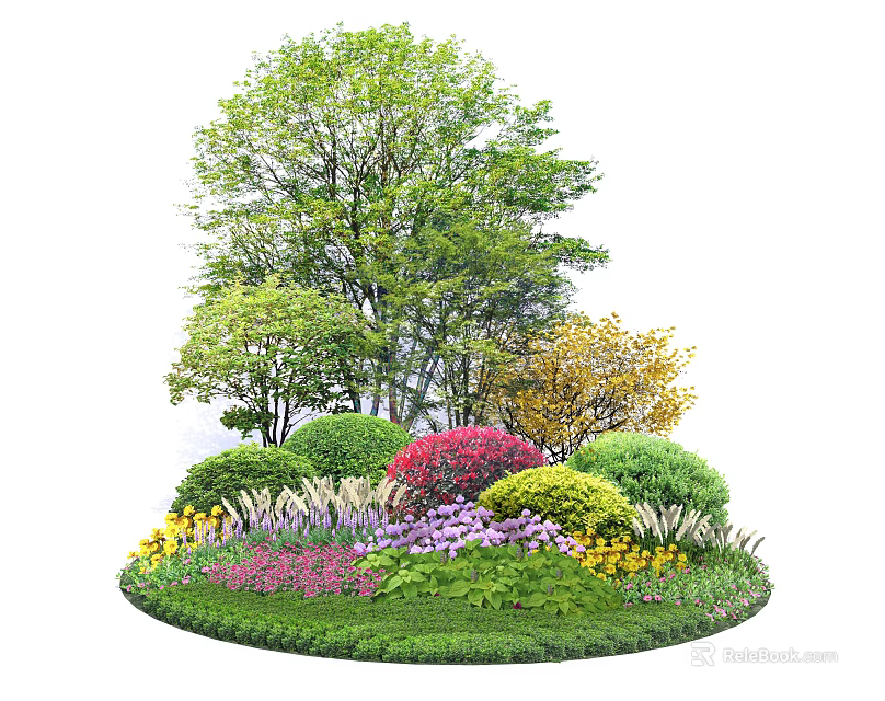 Colorful Garden Shrubs with Red Purple Yellow Flowers and Green Trees on Lush Lawn 3d model 