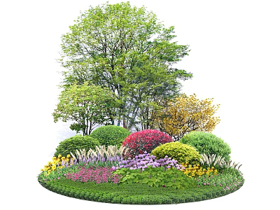 Colorful Garden Shrubs with Red Purple Yellow Flowers and Green Trees on Lush Lawn 3d model