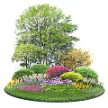 Colorful Garden Shrubs with Red Purple Yellow Flowers and Green Trees on Lush Lawn