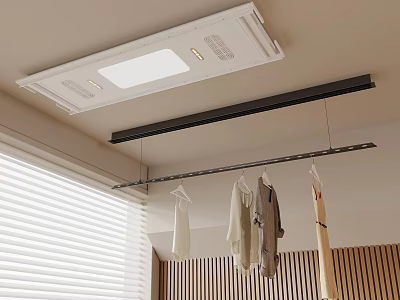 Ceiling Mounted Clothes Hanger With Built in Light Hanging Clothes Wooden Wall And Window Blinds 3d model