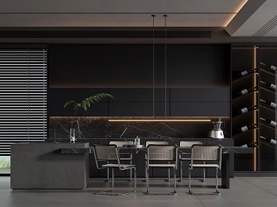 Modern Restaurant Interior With Open Kitchen Bar Counter Dining Chairs And Pendant Lights 3d model