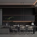 Modern Restaurant Interior With Open Kitchen Bar Counter Dining Chairs And Pendant Lights
