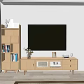 Modern Wooden TV Stand in Living Room with TV Bookshelf Vase and Photo Frame