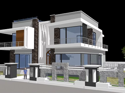 Modern Two Story Detached Villa With Large Windows Balconies And Stone Accents 3d model