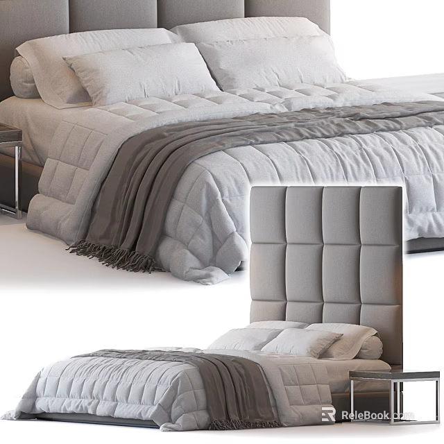 Modern Double Bed With Tufted Headboard And Gray Bedding Set 3d model 