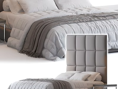 Modern Double Bed With Tufted Headboard And Gray Bedding Set 3d model
