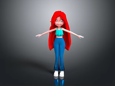 3D Cartoon Character With Red Hair Blue Top Blue Flared Pants And White Shoes 3d model