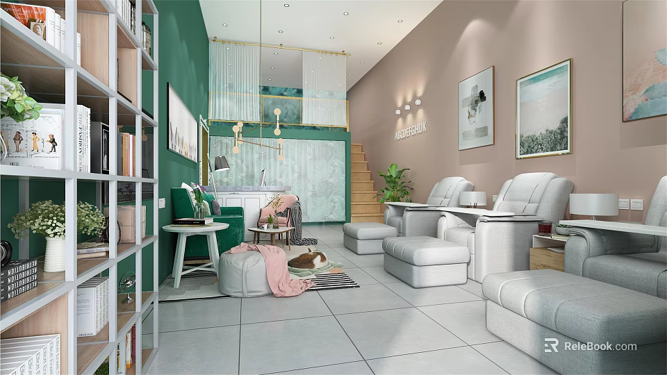 Modern Beauty Hair Salon Interior With Green Beige Sofas Chairs Mirrors Plants Bookshelves 3d model 