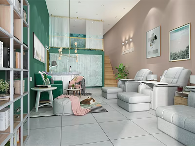 Modern Beauty Hair Salon Interior With Green Beige Sofas Chairs Mirrors Plants Bookshelves 3d model