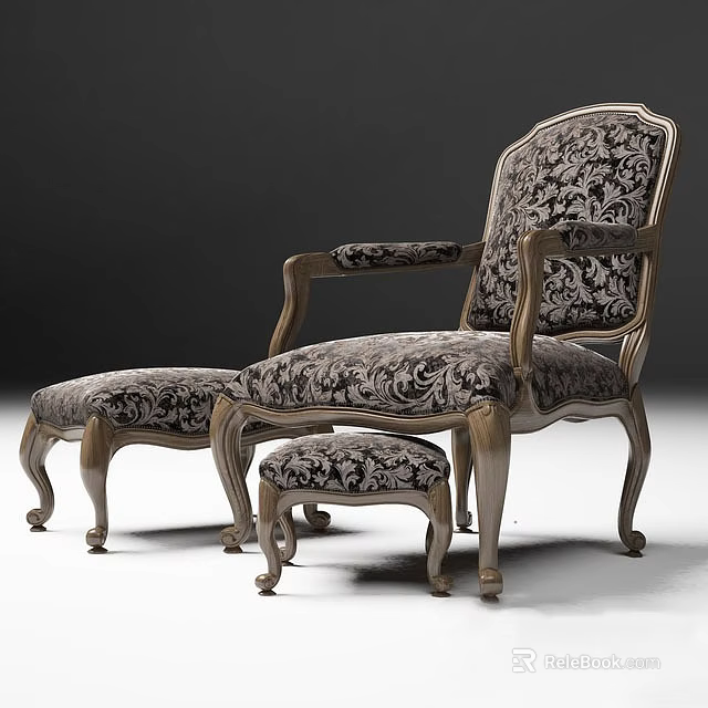 Classical Style Single Chair With Floral Pattern Fabric Wooden Frame Ottoman And Small Stool 3d model 