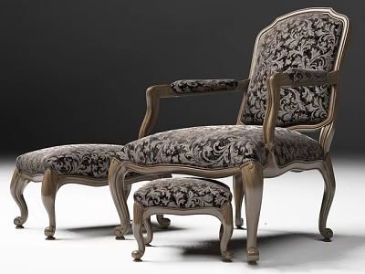 Classical Style Single Chair With Floral Pattern Fabric Wooden Frame Ottoman And Small Stool 3d model