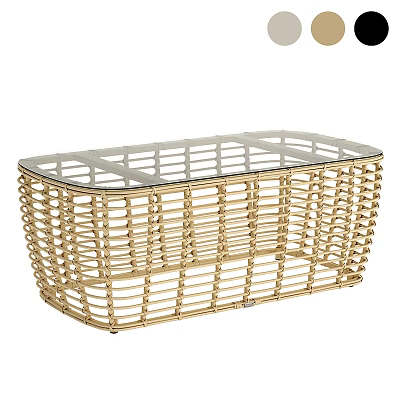 Elegant Golden Rattan Coffee Table With Clear Glass Top Modern Design 3d model