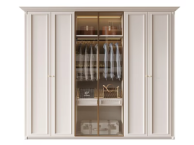 Elegant Modern White Wardrobe With Glass Doors And Organized Hanging Clothes Storage 3d model