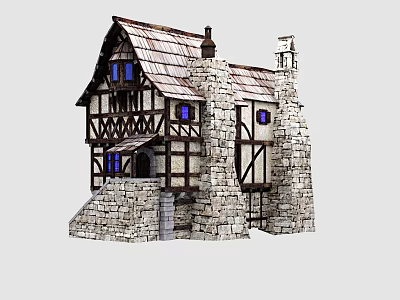Single Family House With Stone And Wooden Exterior Tiled Roof Blue Windows And Chimney 3d model