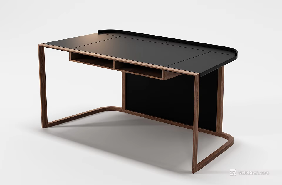 Modern Study Desk With Black Tabletop And Brown Metal Frame Design 3d model 