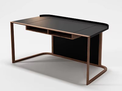 Modern Study Desk With Black Tabletop And Brown Metal Frame Design 3d model