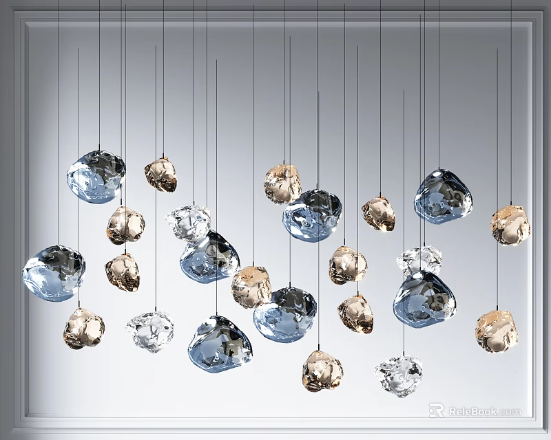 Modern Elegant Crystal Chandeliers With Transparent Blue Gold Glass Hanging On Ceiling 3d model 