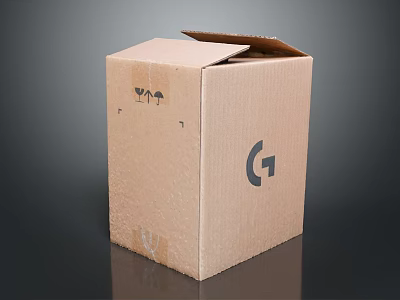 Brown Corrugated Cardboard Box with Open Lid and G Logo on Dark Background 3d model