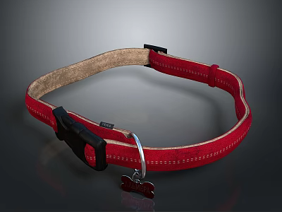 Red Pet Collar with Black Buckle Beige Lining Metal Ring and Small Tag for Pets 3d model