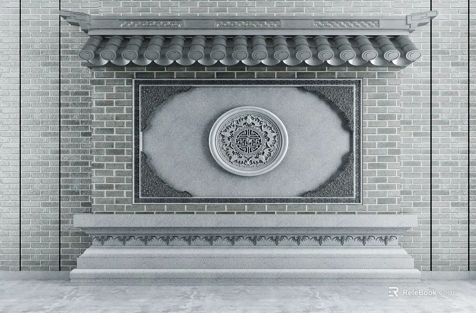 Traditional Chinese Garden Ornament with Gray Brick Wall Traditional Tile Roof and Circular Carved Pattern 3d model 