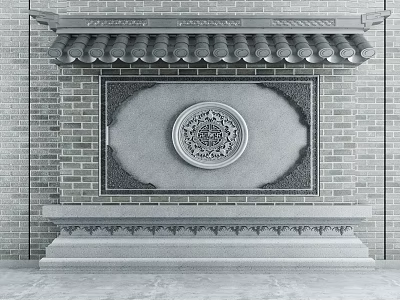 Traditional Chinese Garden Ornament with Gray Brick Wall Traditional Tile Roof and Circular Carved Pattern 3d model
