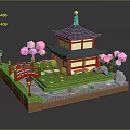 Japanese Style Garden Model With Pagoda Red Bridge Pink Cherry Blossoms Green Grass And Lanterns