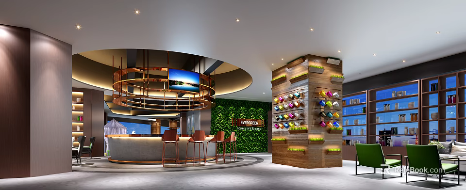Modern Hotel Public Lounge With Green Living Wall Bar Counter And Stylish Seating 3d model 